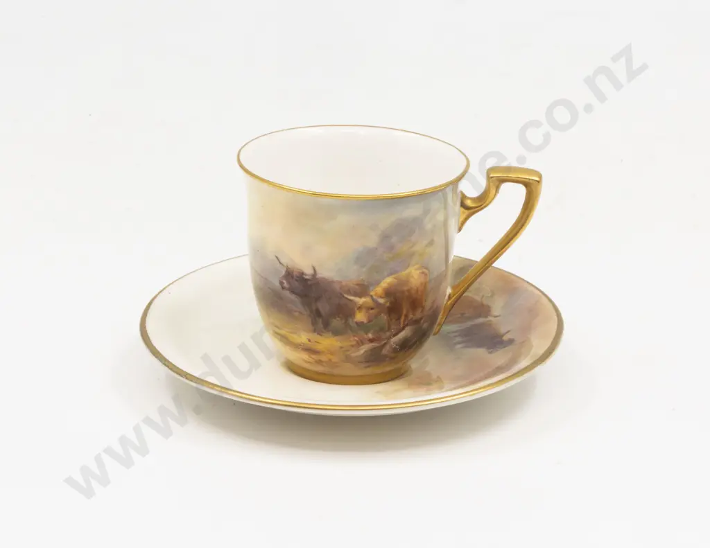 C1931 Royal Worcester Hand Painted Highland Cattle Demi-Tasse Coffee Cup and Saucer Signed H Stinton Image 1++