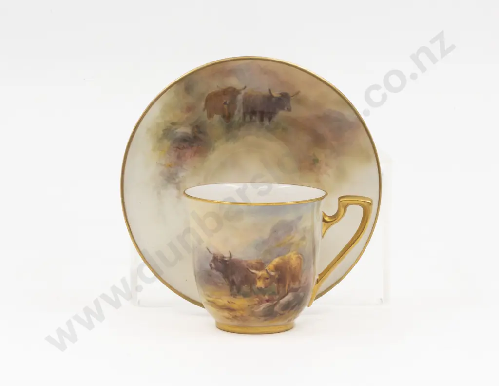 C1931 Royal Worcester Hand Painted Highland Cattle Demi-Tasse Coffee Cup and Saucer Signed H Stinton Image 1++