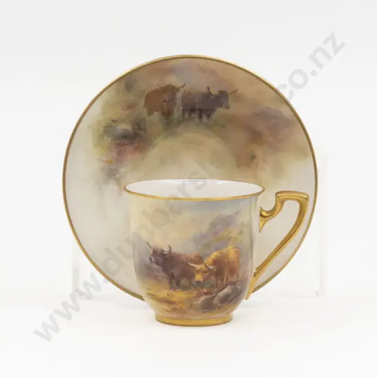 C1931 Royal Worcester Hand Painted Highland Cattle Demi-Tasse Coffee Cup and Saucer Signed H Stinton