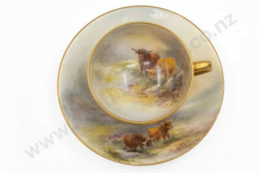 C1921 Royal Worcester Hand Painted Highland Cattle Demi-Tasse Coffee Cup and Saucer Signed H Stinton Image 1++