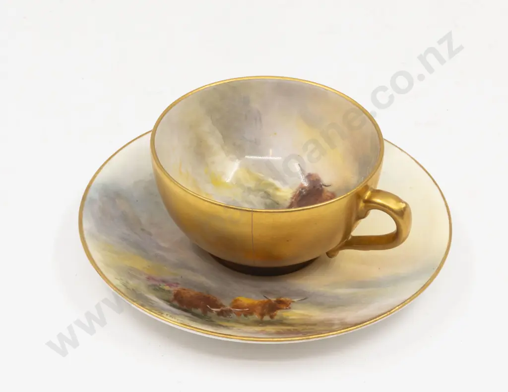 C1921 Royal Worcester Hand Painted Highland Cattle Demi-Tasse Coffee Cup and Saucer Signed H Stinton Image 1++