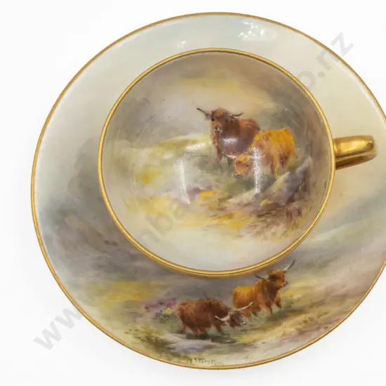 C1921 Royal Worcester Hand Painted Highland Cattle Demi-Tasse Coffee Cup and Saucer Signed H Stinton