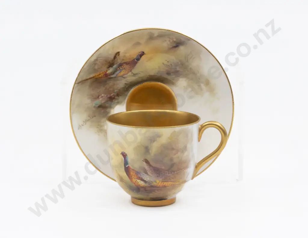C1928 Royal Worcester Hand Painted Pheasant Demi-Tasse Coffee Cup and Saucer Signed Jas Stinton Image 1++