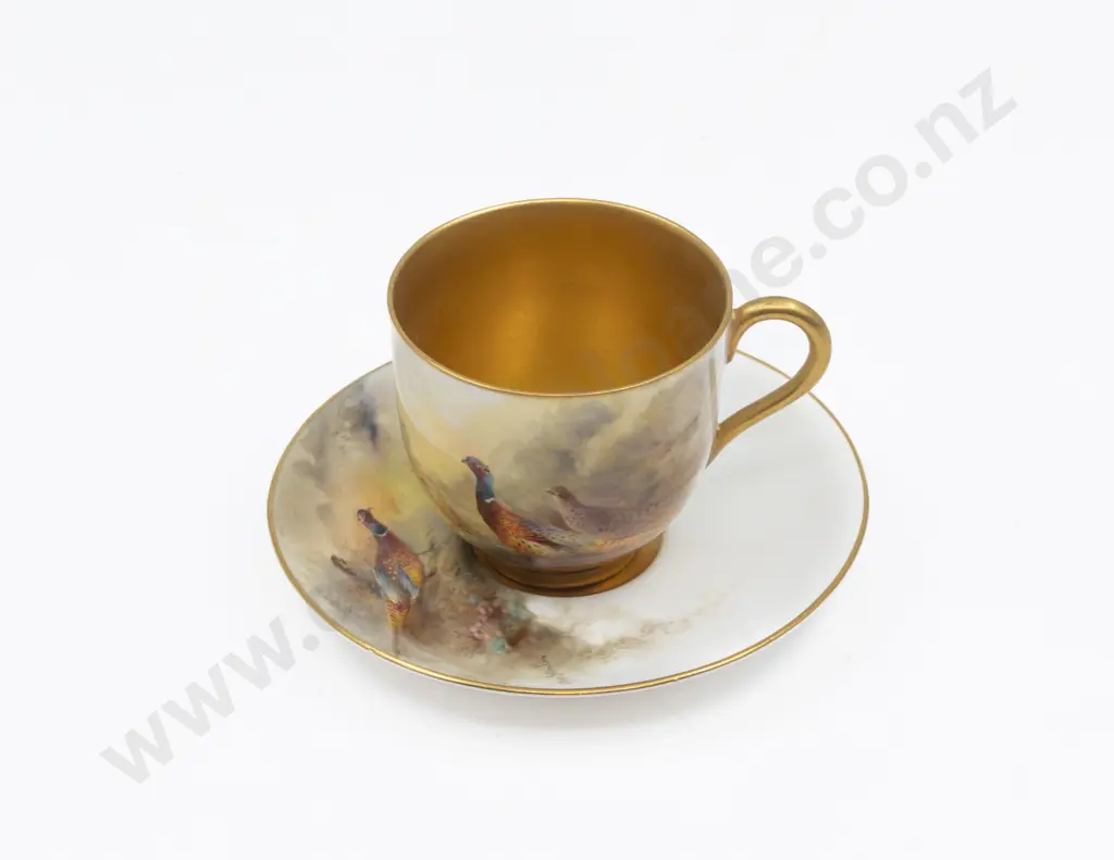 C1928 Royal Worcester Hand Painted Pheasant Demi-Tasse Coffee Cup and Saucer Signed Jas Stinton Image 1++