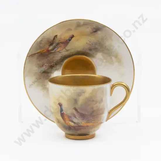 C1928 Royal Worcester Hand Painted Pheasant Demi-Tasse Coffee Cup and Saucer Signed Jas Stinton