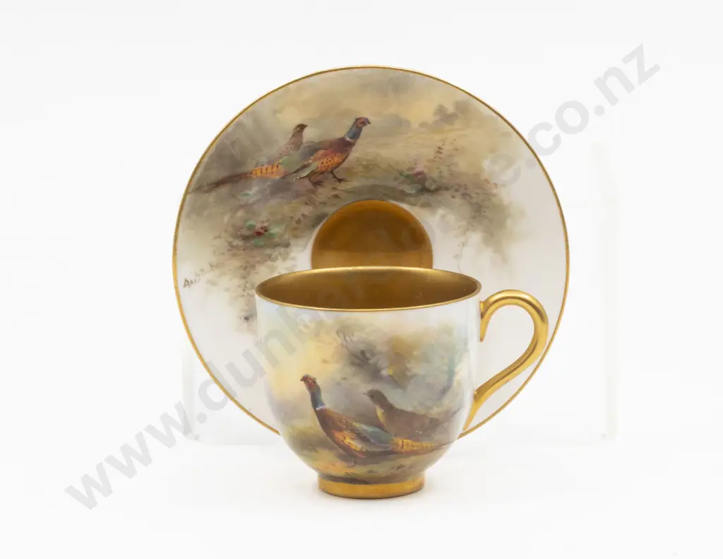 C1928 Royal Worcester Hand Painted Pheasant Demi-Tasse Coffee Cup and Saucer Signed Jas Stinton Image 1++
