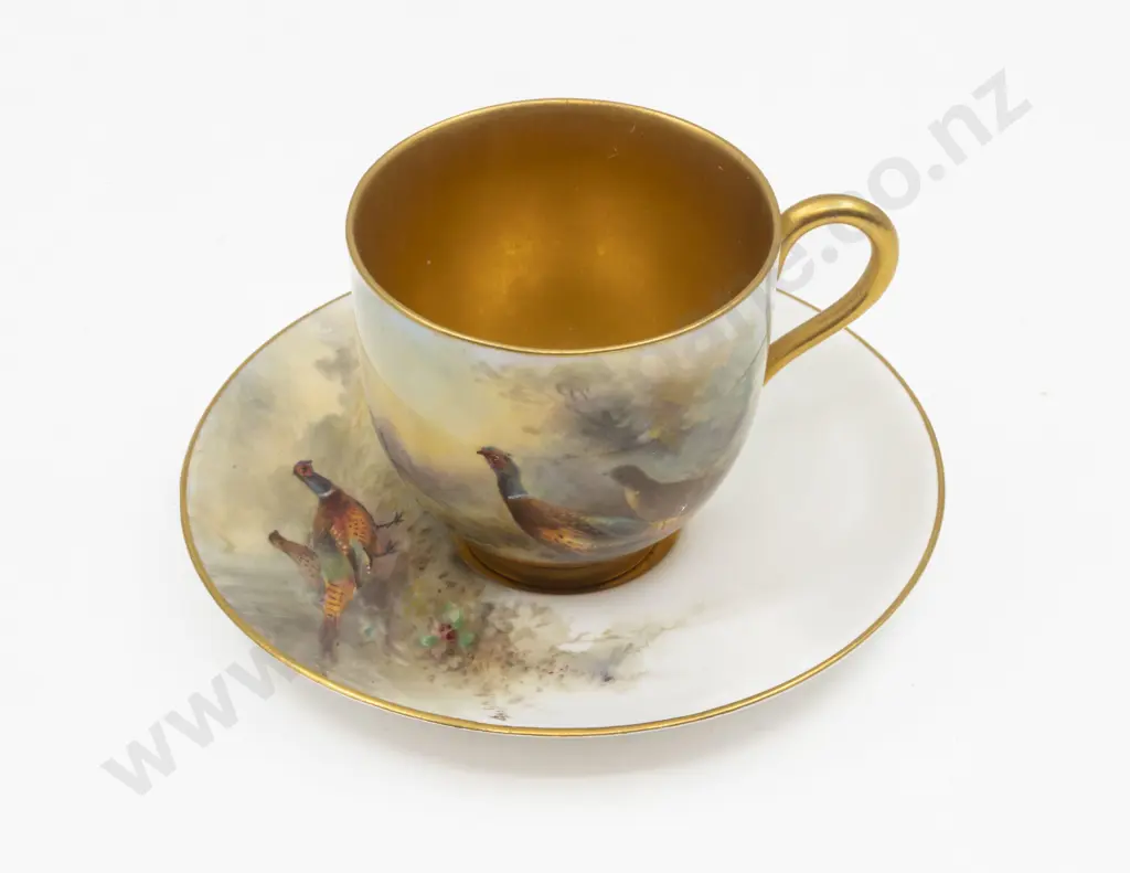 C1928 Royal Worcester Hand Painted Pheasant Demi-Tasse Coffee Cup and Saucer Signed Jas Stinton Image 1++