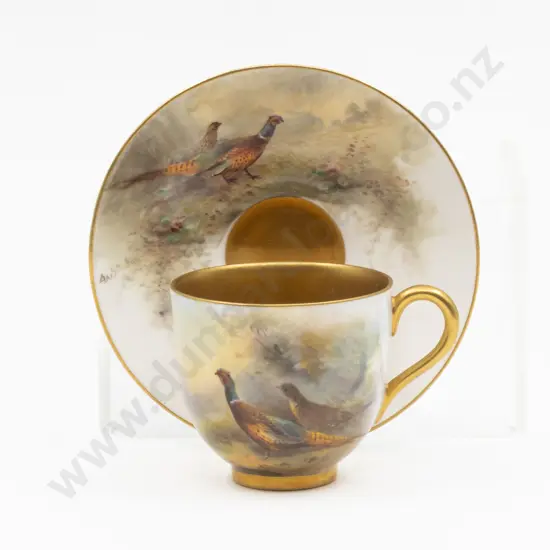 C1928 Royal Worcester Hand Painted Pheasant Demi-Tasse Coffee Cup and Saucer Signed Jas Stinton