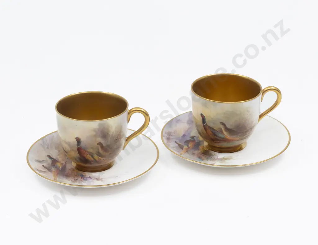 C1928 Two Royal Worcester Hand Painted Pheasant Demi-Tasse Coffee Cup and Saucer Signed Jas Stinton Image 1++