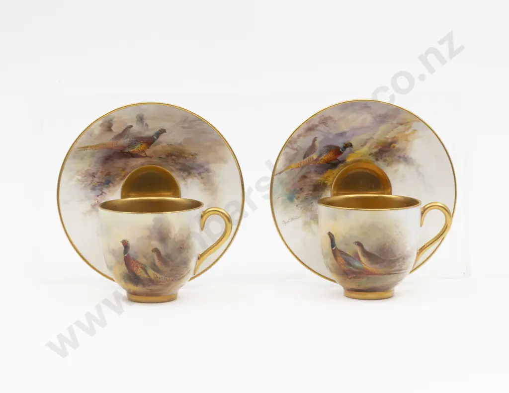 C1928 Two Royal Worcester Hand Painted Pheasant Demi-Tasse Coffee Cup and Saucer Signed Jas Stinton Image 1++