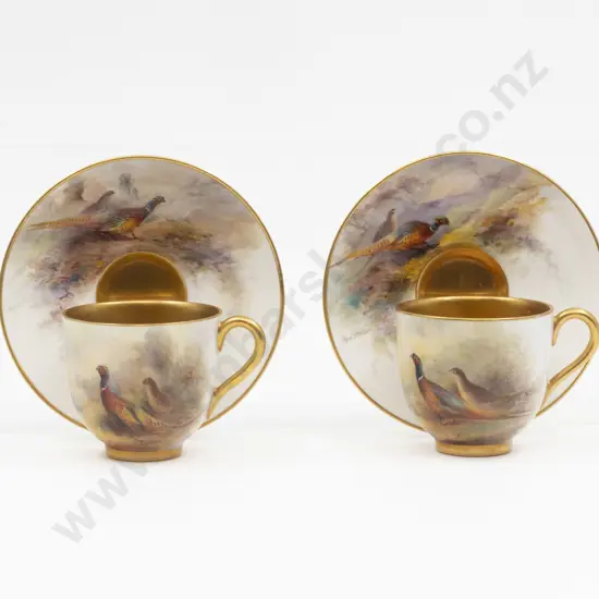 C1928 Two Royal Worcester Hand Painted Pheasant Demi-Tasse Coffee Cup and Saucer Signed Jas Stinton