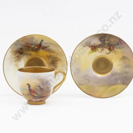 Royal Worcester Hand Painted Pheasant Demi-Tasse Coffee Cup and Saucer Signed Jas Stinton