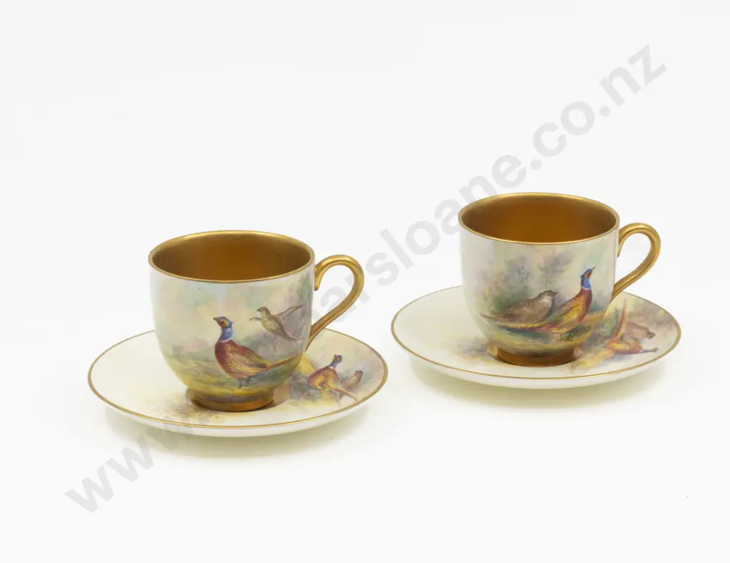 Pair Post 1975 Royal Worcester Hand Painted Pheasant Demi-Tasse Coffee Cup and Saucer Signed E Townsend Image 1++