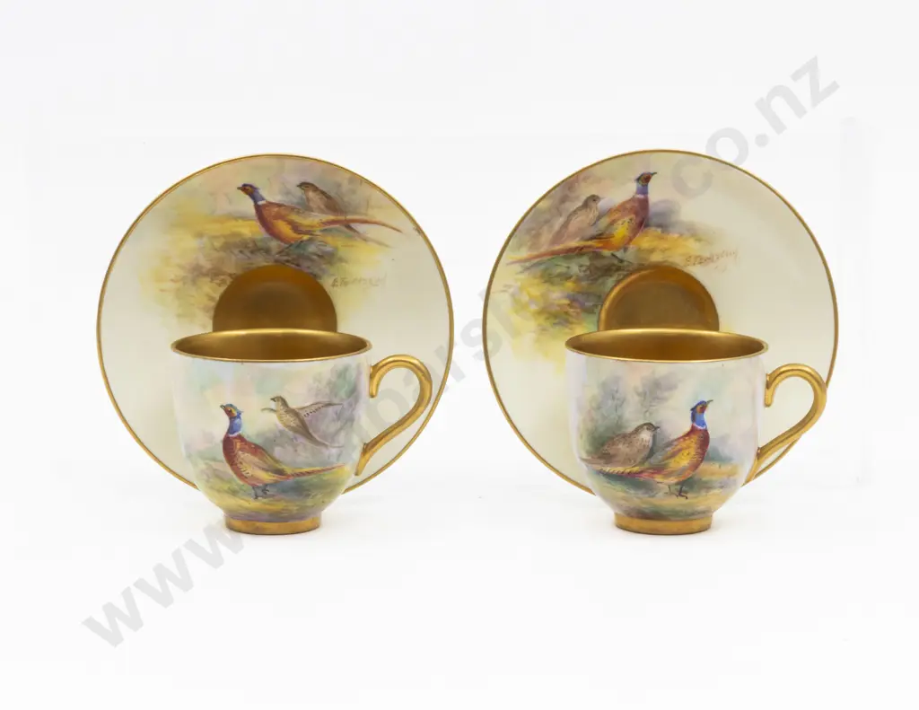 Pair Post 1975 Royal Worcester Hand Painted Pheasant Demi-Tasse Coffee Cup and Saucer Signed E Townsend Image 1++