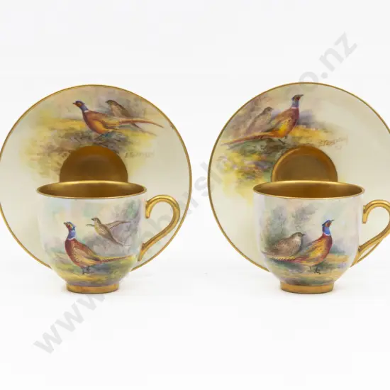Pair Post 1975 Royal Worcester Hand Painted Pheasant Demi-Tasse Coffee Cup and Saucer Signed E Townsend