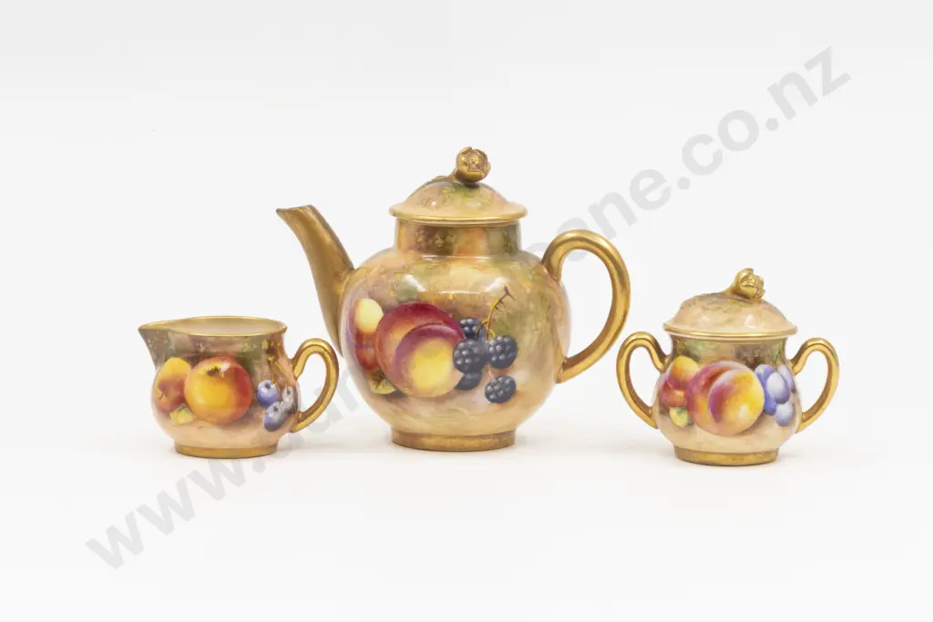 C1952 Royal Worcester Miniature 3pce Teaset Painted Fruit Signed Roberts Image 1++
