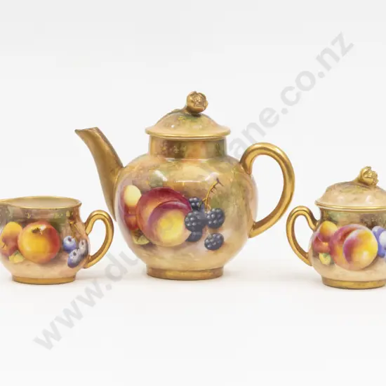 C1952 Royal Worcester Miniature 3pce Teaset Painted Fruit Signed Roberts