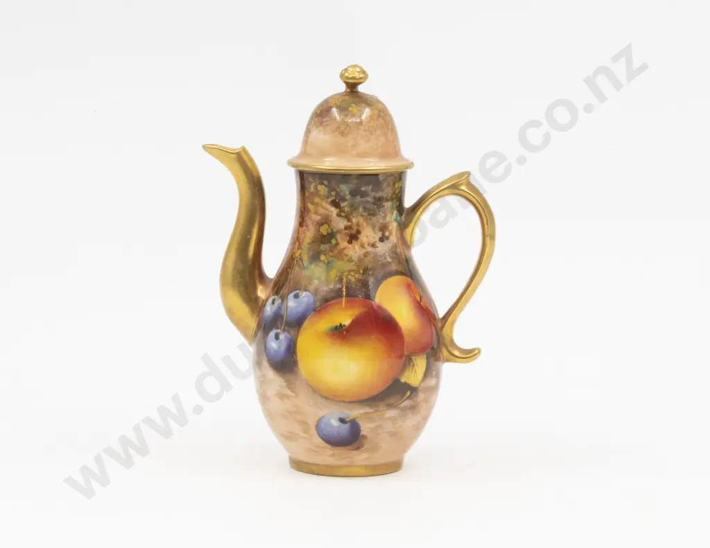 C1955 Royal Worcester Miniature Coffee Pot Painted Fruit Signed Roberts Image 1++
