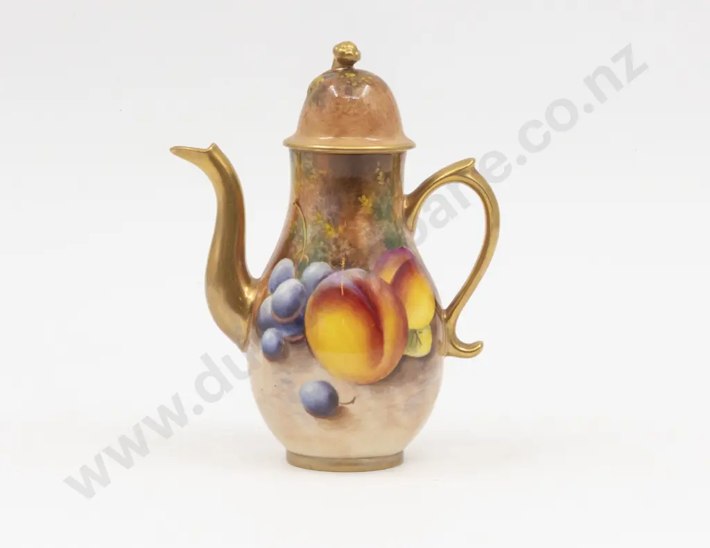 C1955 Royal Worcester Miniature Coffee Pot Painted Fruit Signed Roberts Image 1++