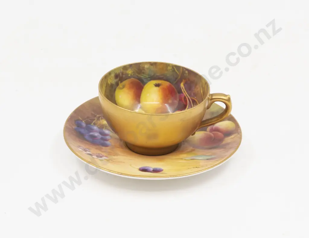 C1913 Royal Worcester Miniature Cup and Saucer Painted Fruits Signed A Shock & W H Austin Image 1++