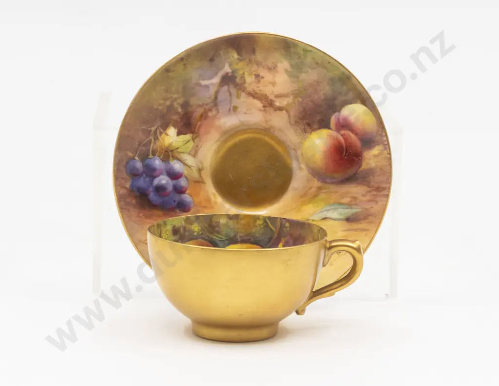 C1913 Royal Worcester Miniature Cup and Saucer Painted Fruits Signed A Shock & W H Austin Image 1++