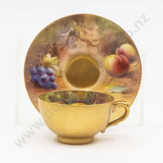 C1913 Royal Worcester Miniature Cup and Saucer Painted Fruits Signed A Shock & W H Austin