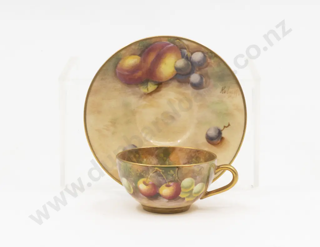 C1952 Royal Worcester Miniature Cup and Saucer Painted Fruits Signed Roberts Image 1++