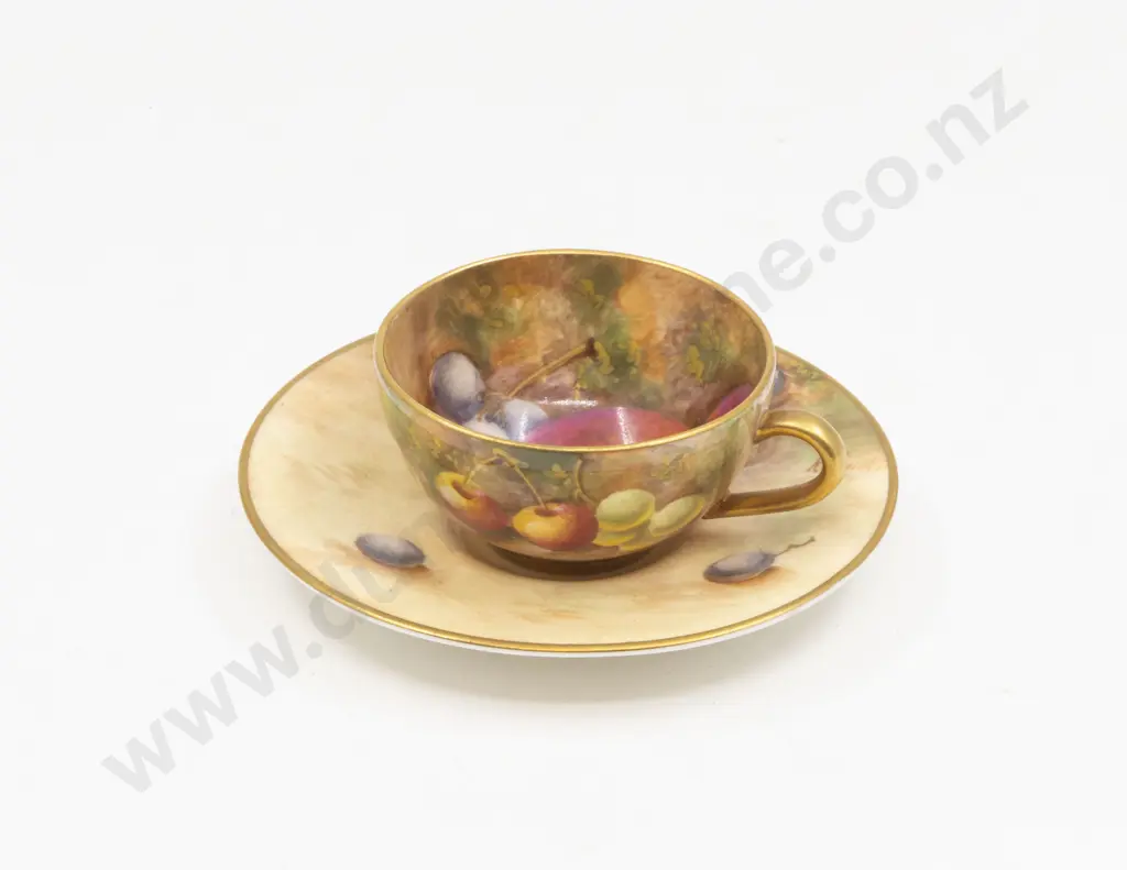 C1952 Royal Worcester Miniature Cup and Saucer Painted Fruits Signed Roberts Image 1++