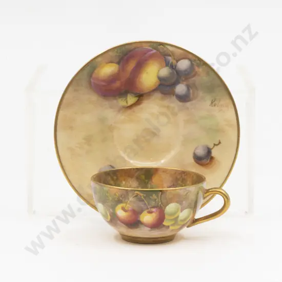 C1952 Royal Worcester Miniature Cup and Saucer Painted Fruits Signed Roberts