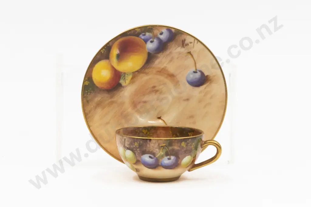 C1955 Royal Worcester Miniature Cup and Saucer Painted Fruits Signed Roberts Image 1++