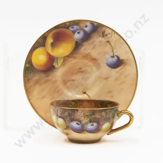 C1955 Royal Worcester Miniature Cup and Saucer Painted Fruits Signed Roberts