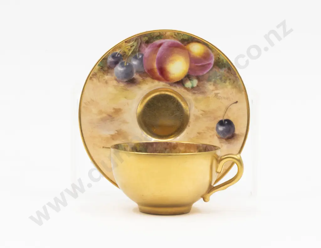 C1951 Royal Worcester Miniature Cup and Saucer Painted Fruits Signed Freeman Image 1++