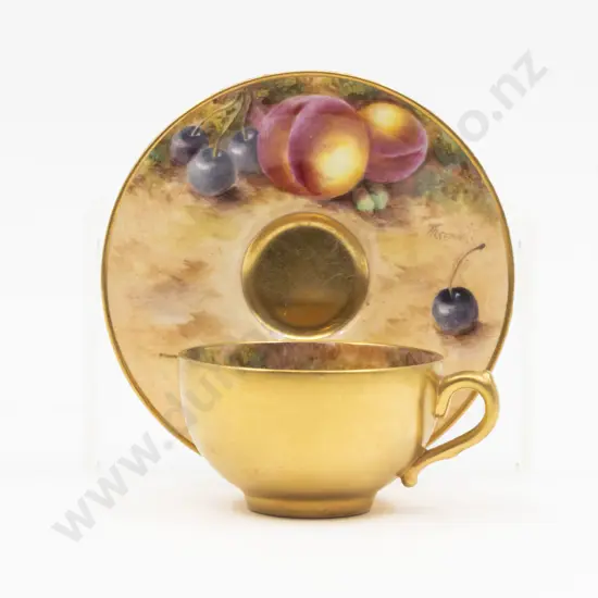 C1951 Royal Worcester Miniature Cup and Saucer Painted Fruits Signed Freeman