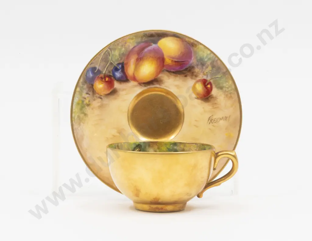 Post 1975 Royal Worcester Miniature Cup and Saucer Painted Fruits Signed Freeman & P Lyness Image 1++