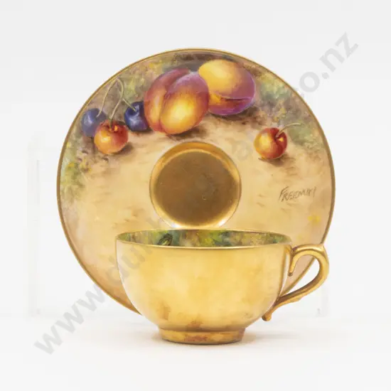 Post 1975 Royal Worcester Miniature Cup and Saucer Painted Fruits Signed Freeman & P Lyness