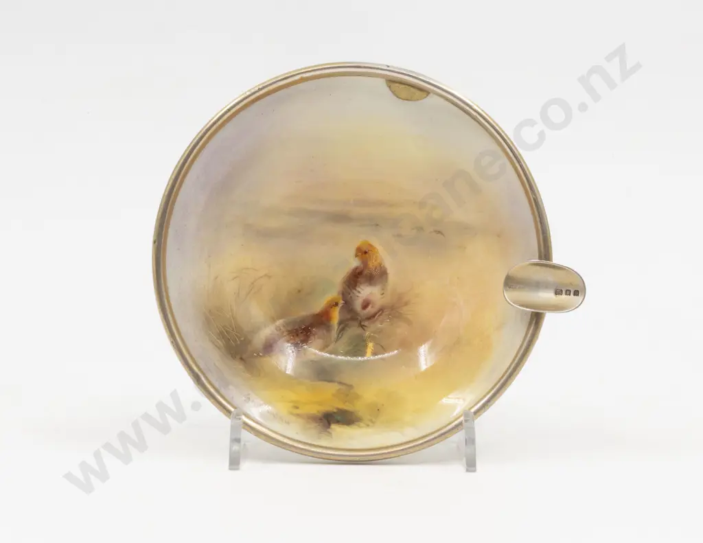 C1931 Royal Worcester Ash Tray Painted with Grouse Signed Jas Stinton with S/S Rim Image 1++