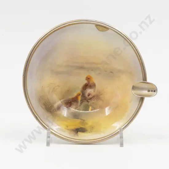 C1931 Royal Worcester Ash Tray Painted with Grouse Signed Jas Stinton with S/S Rim
