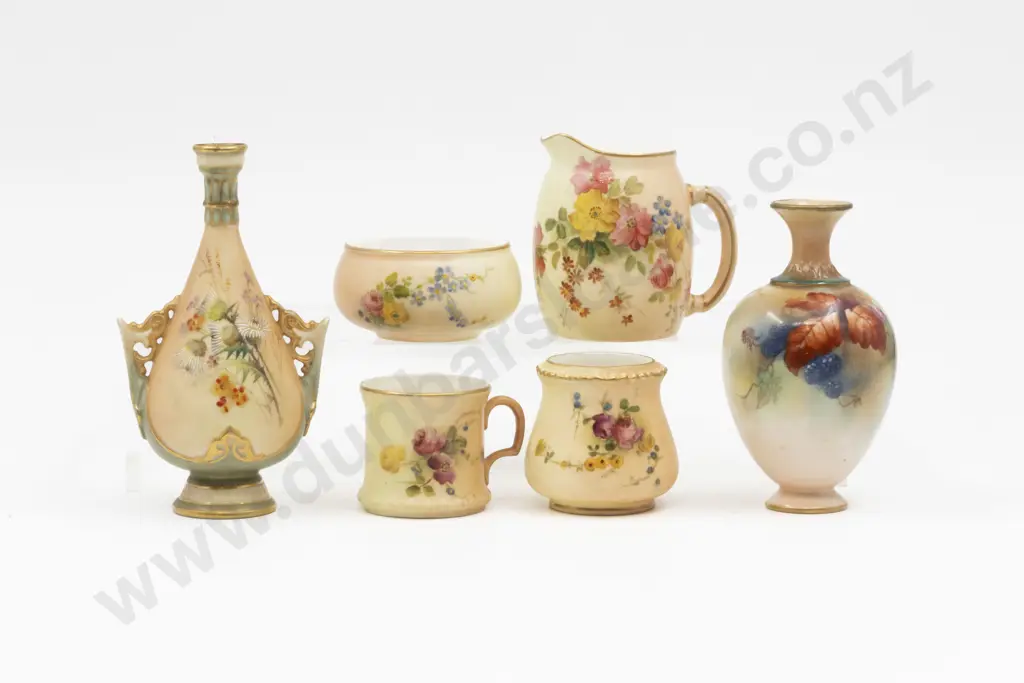 C1900 Royal Worcester Peach Ground Floral Painted Miniatures (6) Image 1++