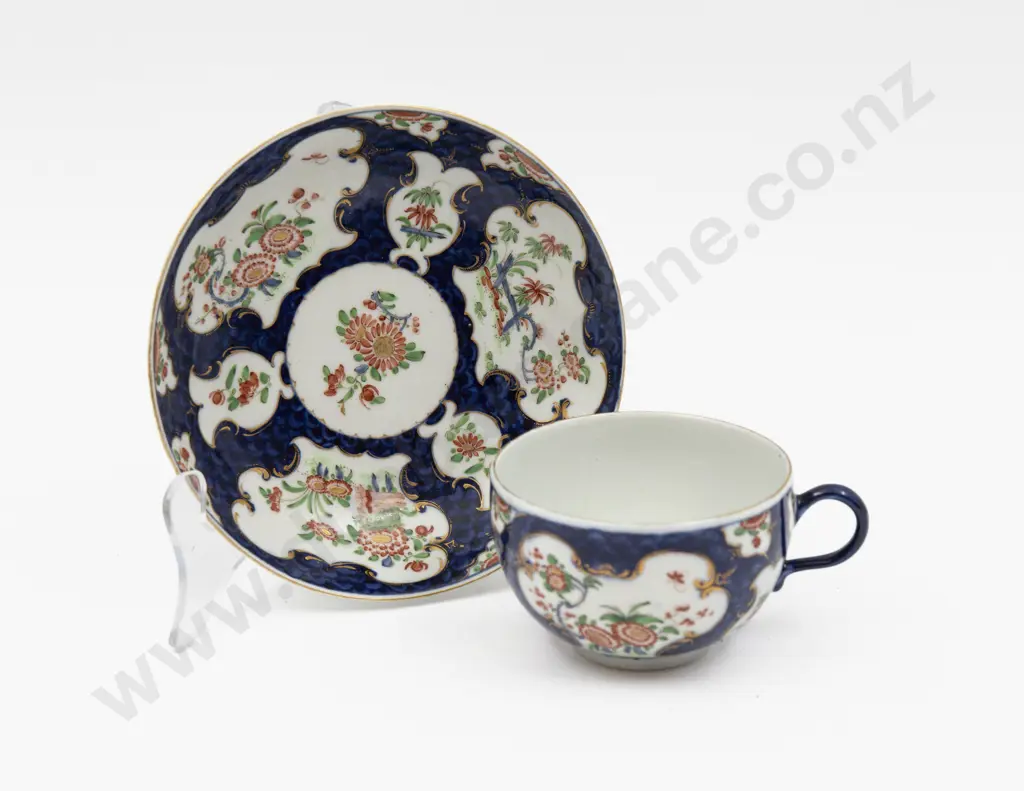 C1785 First Period Worcester Blue Scale Kakiemon Tea Cup and Saucer Image 1++