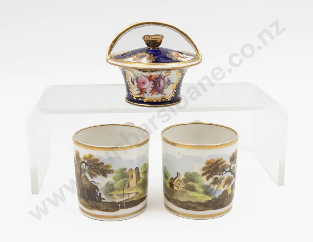 Early C19th Unmarked Probable Derby Pot Pourri Basket and Two Coffee Cans Image 1++