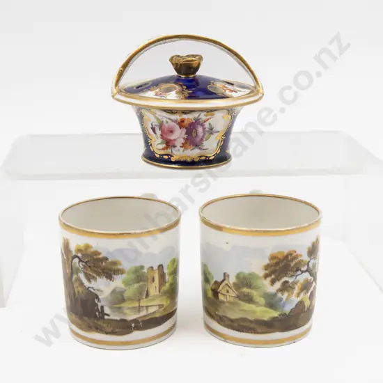 Early C19th Unmarked Probable Derby Pot Pourri Basket and Two Coffee Cans