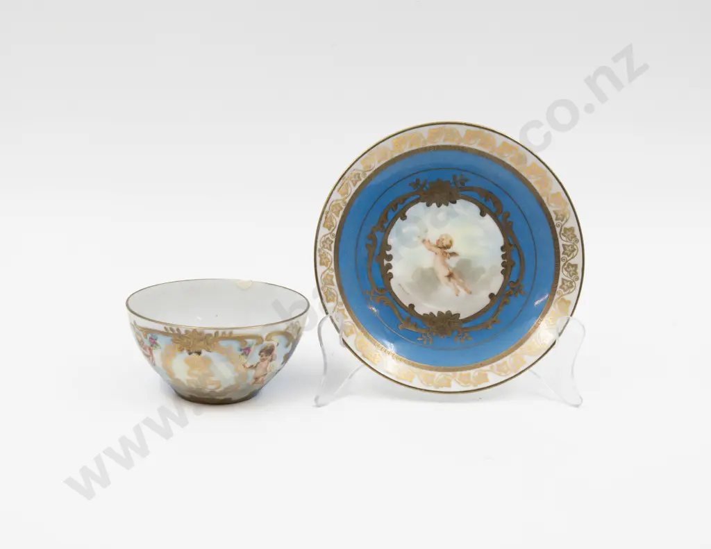 C19th Meissen Moulded Fancy Cartouche Teacup and Saucer and Serves Cup and Saucer Image 1++