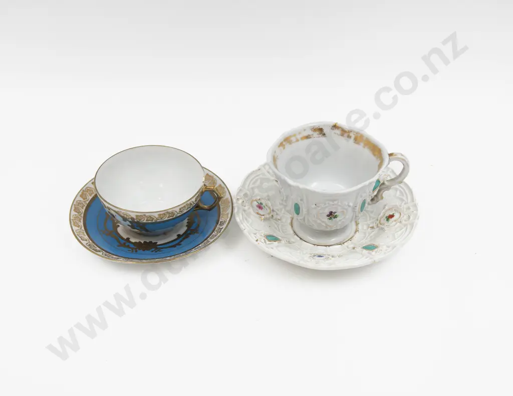 C19th Meissen Moulded Fancy Cartouche Teacup and Saucer and Serves Cup and Saucer Image 1++