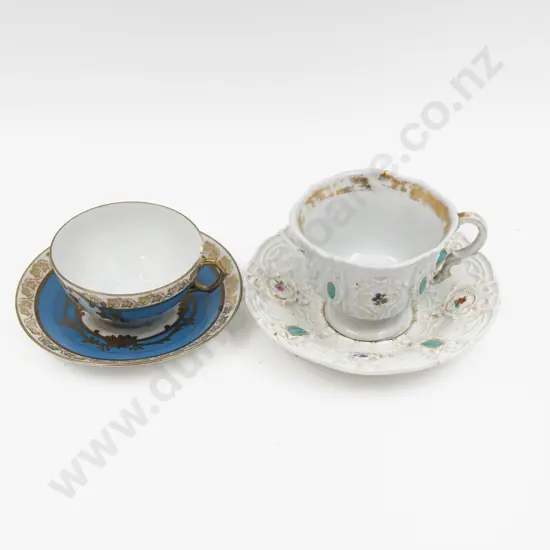 C19th Meissen Moulded Fancy Cartouche Teacup and Saucer and Serves Cup and Saucer
