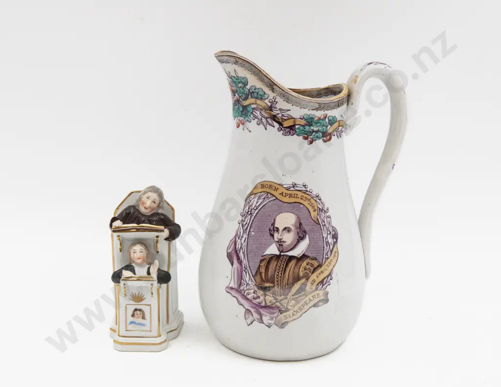 Mid C19th E Thomas Fell & Co Shakespeare Presentation Lustre Jug and Preacher Figure Group 24cm Image 1++