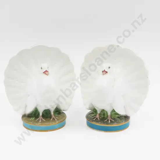 Pair Late C19th Minton Porcelain Spill Vases modelled as Fan Tailed Doves Pattern No1501