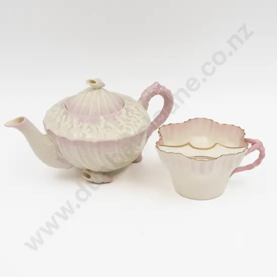 Belleek Black Mark Scallop Moulded Teapot and Moustache Cup (no saucer)