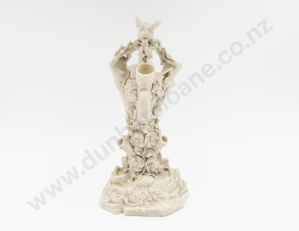 Belleek Black Mark Bird Nest Tree Stump Vase Centerpiece Image 1++