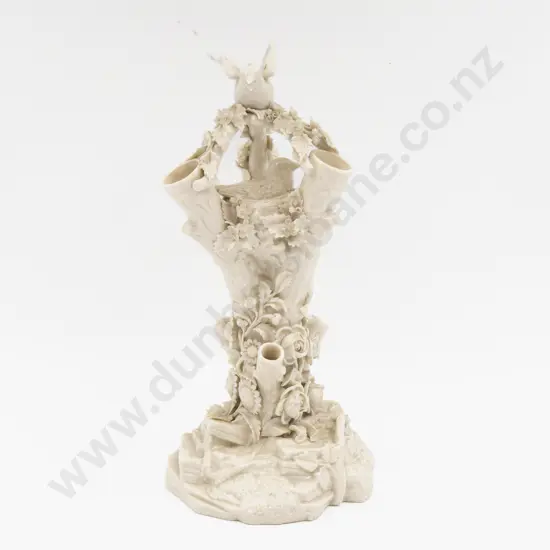 Belleek Black Mark Bird Nest Tree Stump Vase Centerpiece