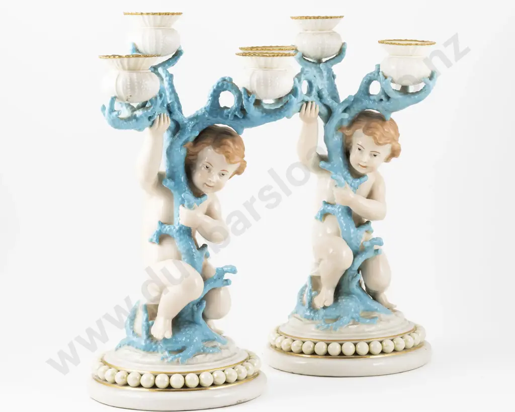 Pair Belleek Black Mark Cherub and Coral Candlesticks 39.5cm H Image 1++